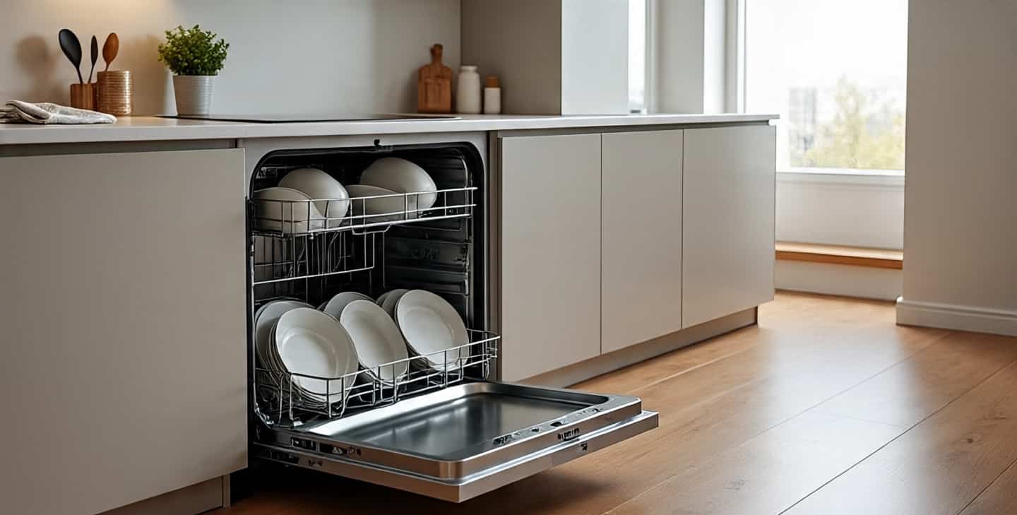 Modern dishwasher with open door full of clean dishes